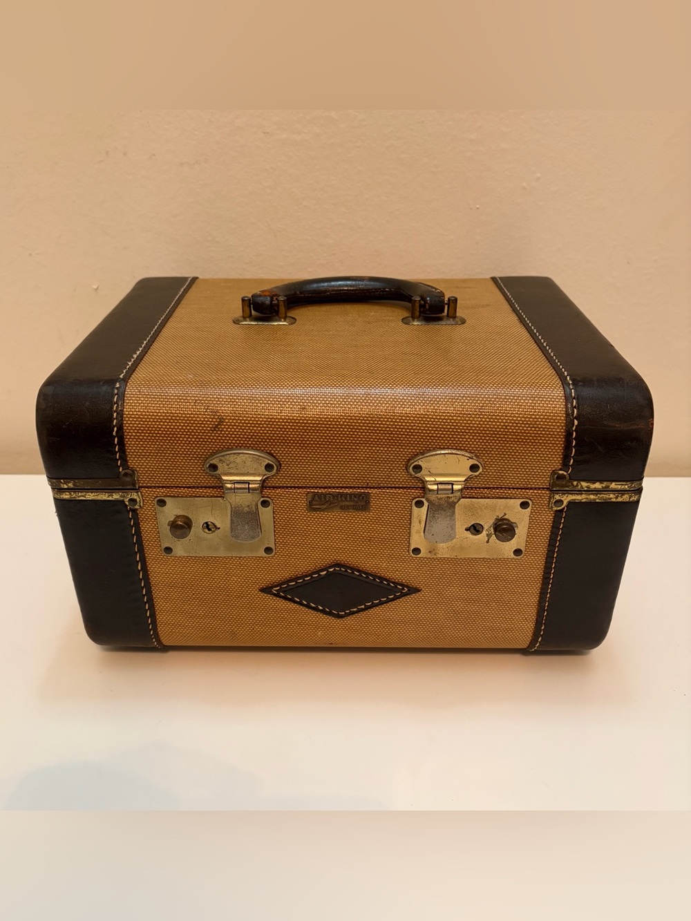 Vintage Women’s Tweed & Leather Train Travel Vanity Case Luggage Makeup Suitcase